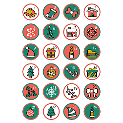 Mixed Color Christmas PVC Plastic Sticker Labels, Self-adhesion, for Suitcase, Skateboard, Refrigerator, Helmet, Mobile Phone Shell, Round, Number 1~24 Pattern, Mixed Color, 45mm,  Sheet: 31x20mm, 24pcs/sheet