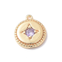 Lilac Brass Charms, with Glass, Flat Round with Star Charm, Real 18K Gold Plated, Lilac, 11.5x10x2mm, Hole: 0.9mm