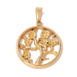Golden Vacuum Plating 304 Stainless Steel Pendants, Flat Round with Plum Bossom Flower Charm, Golden, 36x32x3mm, Hole: 10x4.5mm