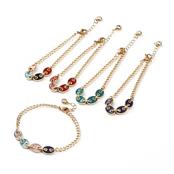 Mixed Color Golden Plated Brass Enamel Chain Bracelets, with Curb Chains & Coffee Bean Chains, Rhinestone Charms, Mixed Color, 7-1/2 inch(19cm)