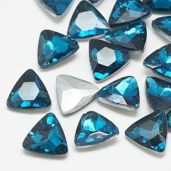 Capri Blue Pointed Back Glass Rhinestone Cabochons, Back Plated, Faceted, Triangle, Capri Blue, 9.5x10x4mm