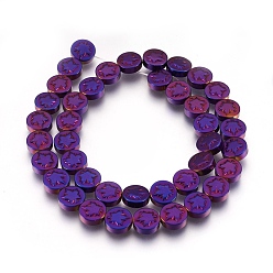 Purple Plated Autumn Theme Non-magnetic Synthetic Hematite Bead Strands, Flat Round with Maple Leaf, Purple Plated, 9.5~10.5x4mm, Hole: 1mm, about 41pcs/strand, 15.9 inch(40.5cm)