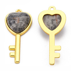 Picasso Jasper Natural Map Stone/Picasso Stone/Picasso Jasper Pendants, with Light Gold Plated Brass Findings, Key with Heart Charm, 38x17x6.5~7mm, Hole: 1.8mm