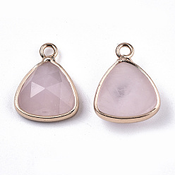 Rose Quartz Natural Rose Quartz Charms, with Light Gold Plated Brass Edge and Loop, Triangle, Faceted, 14x11x4mm, Hole: 1.5mm