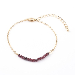 Garnet January Birthstone Natural Garnet Beaded Bracelets, with Brass Cable Chains, Faceted Round, Golden, 7-1/4 inch(18.5cm)