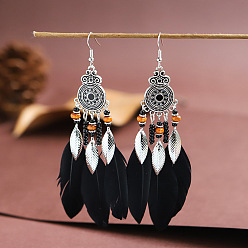 Черный Серьги-люстры из перьев, старинные посеребренные украшения из сплава для женщин, чёрные, 110x22 мм
