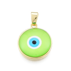 Lime Glass Pendants, with Golden Plated Brass Findings, Flat Round with Evil Eye, Lime, 19x16.5x5mm, Hole: 5x3.5mm