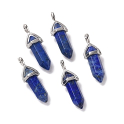 Lapis Lazuli Naturelles lapis-lazuli pendentifs, facette, avec les accessoires en laiton de tonalité de platine, sans plomb et sans cadmium, teint, balle, 27~30x9~10x7~8mm, Trou: 4x3mm