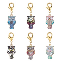 Mixed Color Alloy Enamel Pendant Decoration, with Zinc Alloy Lobster Claw Clasps, Owl, Mixed Color, 39~41mm, 1pc/color