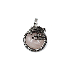 Rose Quartz Natural Rose Quartz Pendants, Flat Round Charms with Skeleton, with Antique Silver Plated Metal Findings, 40x35mm