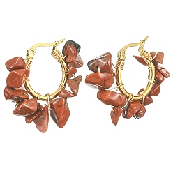 Red Jasper Natural Red Jasper Chips Braided Hoop Earrings, 304 Stainless Steel Wire Wrap Jewelry for Women, 25~27x28~33x7~9mm, Pin: 0.6mm