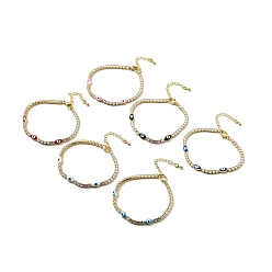 Mixed Color Enamel Horse Eye Link Bracelet with Clear Cubic Zirconia Tennis Chains, Gold Plated Brass Jewelry for Women, Cadmium Free & Lead Free, Mixed Color, 7 inch(17.7cm)
