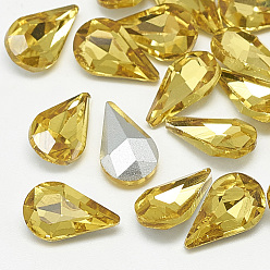 Topaz Pointed Back Glass Rhinestone Cabochons, Back Plated, Faceted, teardrop, Topaz, 8x5x3mm