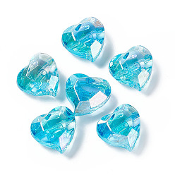 Turquoise Foncé Perles européennes acryliques transparentes, perle avec trou grande, coeur à facettes, turquoise foncé, 22x23x12.5mm, Trou: 4.5mm