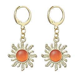 Orange Red Golden Alloy Sun Shape Dangle Leverback Earrings with Cat Eye, Orange Red, 40mm, Pin: 1mm