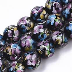 Black Handmade Lampwork Beads Strands, Inner Flower, Round, Black, 11.5~12.5x10.5~11.5mm, Hole: 1.4mm, about 45pcs/Strand, 19.69 inch~20.08 inch