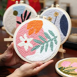 Flor Kit de inicio de bordado de perforación de bricolaje, incluyendo tela, hilos, punzón de aguja, aro de bordado, patrón de flores, 200x200 mm