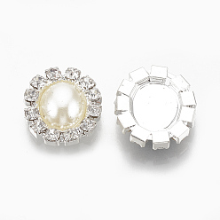 Beige Cabujones de espalda plana de latón, Con diamantes de imitación y abs imitación de perlas de plástico., oval, el color plateado de plata, cristal, crema, 16x14.5x4 mm