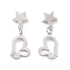 Stainless Steel Color Valentine's Day Heart with Star 304 Stainless Steel Dangle Stud Earrings for Women, Stainless Steel Color, 25.5mm, Pin: 0.8mm