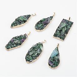 Green Natural Quartz Big Pendants, with Brass Findings, Golden, Nuggets, Green, 59~64x22~27x8~13mm, Hole: 4.5x7.5mm