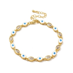 White Enamel Evil Eye & Glass Oval Link Chain Bracelet, Golden Brass Jewelry for Women, White, 7-1/4 inch(18.3cm)