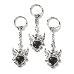 Obsidienne Coeur d'obsidienne naturelle avec porte-clés pendentif aile, avec les accessoires en laiton de tonalité de platine, 9.6 cm