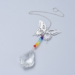 Clear Crystals Chandelier Suncatchers Prisms Chakra Hanging Pendant, with Iron Cable Chains, Glass Beads and Brass Pendants, Butterfly with Teardrop, Clear, 335mm