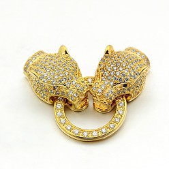 Golden Brass Micro Pave Cubic Zirconia Fold Over Clasps, Leopard Head, Cadmium Free & Lead Free, Golden, 49x21x10.5mm, Hole: 1mm