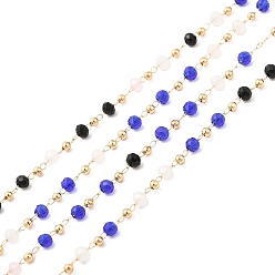 Blue Faceted Rondelle Glass & Round 304 Stainless Steel Beaded Chains, with Light Gold 316 Surgical Stainless Steel Findings, Soldered, Blue, 3x2.5mm, 4x2.5x0.5mm