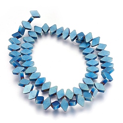 Blue Plated Electroplate Non-magnetic Synthetic Hematite Bead Strands, Frosted, Rhombus, Blue Plated, 6x10x3mm, Hole: 1mm, about 65~66pcs/strand, 15.3 inch~15.7 inch(39~40cm)