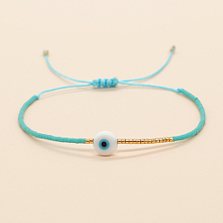 Turquoise Foncé Bracelet réglable en perles tressées avec mot de passe mauvais œil, turquoise foncé, 11 pouce (28 cm)