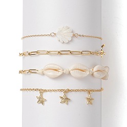 Golden 4Pcs 4 Style Natural Shell Beaded Anklets Set, Brass Starfish Charms Anklets with Paperclip Chains for Women, Golden, 9-1/8 inch(23~23.2cm), 1Pc/style