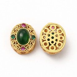 Dark Green Long-Lasting Rack Plating Brass Multi-Strand Links,  with Synthetic Ruby in Zoisite, Oval with Hollow Flower, Golden, Dark Green, 13x11x6mm, Hole: 1x2mm