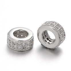 Platine Micro en laiton pavent des perles cubes de zircone, perles de rondelle avec grand trou , sans plomb et sans nickel, clair, platine, 8.5x4mm, Trou: 4.5mm