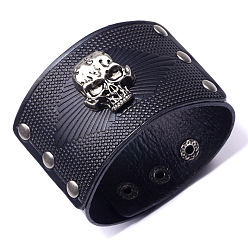 Noir Véritables bracelets en cuir de vachette, avec les accessoires en alliage, crane, argent antique, noir, 9-1/2 pouce (24.3 cm), 58mm