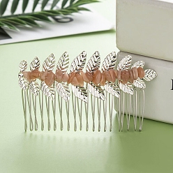 Sunstone Leaf Sunstone Chips Hair Combs, with Iron Combs, Hair Accessories for Women Girls, 45x80x10mm