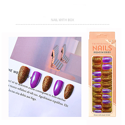 Dark Violet Plastic Full Cover Press on False Nail Tips, Nail Art Detachable Manicure, solid Nails & Glitter Nails, Teardrop, Dark Violet, 19~25x11.5~20mm, 24pcs/box