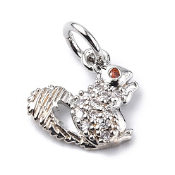 Platinum Brass Micro Pave Cubic Zirconia Charms, with Jump Ring, Squirrel Charms, Platinum, 11x10x2.3mm, Hole: 3.2mm