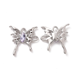 Lilac Rack Plating Alloy Connector Charms, Butterfly Links with Glass, Platinum, Cadmium Free & Lead Free & Nickle Free, Lilac, 29x28x4.5mm, Hole: 3.5x2.5mm