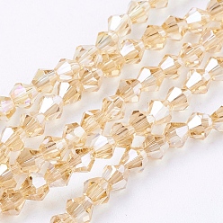 Verge D'or Chapelets de perles en verre, de couleur plaquée ab , facette, Toupie, verge d'or, 4x4mm, Trou: 1mm, Environ 92~96 pcs/chapelet, 13.78~14.37 pouce