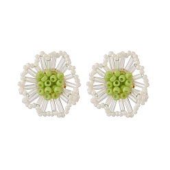 Green Seed Beads Flower Stud Earrings, Brass Jewelry for Women, Golden, Green, 27mm, Pin: 0.8mm