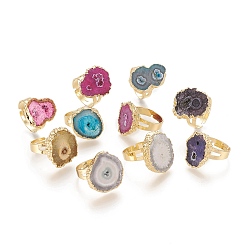 Mixed Color Adjustable Dyed Natural Druzy Agate Finger Rings, Wide Band Rings, with Golden Tone Brass Finding, Nuggets, Mixed Color, Size 8, Inner Diameter: 18mm