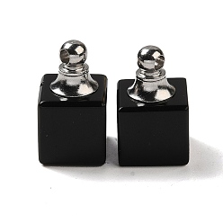 Obsidian Natural Obsidian Perfume Bottle Pendants, Square Charms with Stainless Steel Color Plated 304 Stainless Steel Findings, 19x12x12mm, Hole: 2mm