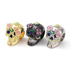 Mixed Color Rack Plating Brass European Beads, with Cubic Zirconia & Enamel, Large Hole Beads, Lead Free & Cadmium Free, Long-Lasting Plated, Sugar Skull for Mexico Day of the Dead, Mixed Color, 12x9x10mm, Hole: 4mm