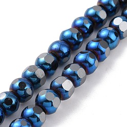Blue Plated Electroplated Non-magnetic Synthetic Hematite Beads Strands, Faceted, Round, Blue Plated, 6~6.5x5~5.5mm, Hole: 1.4mm, about 73pcs/strand, 15.59~15.75 inch(39.6~40cm)