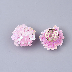 Pink PVC Paillette Cabochons, Cluster Beads, with Glass Seed Beads and Golden Plated Brass Perforated Disc Settings, Flower, Pink, 20~23x10~11mm