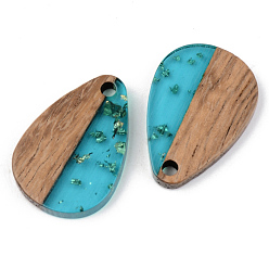 Dark Turquoise Transparent Resin & Walnut Wood Pendants, with Gold Gold Foil, Teardrop, Dark Turquoise, 21.5x14.5x3mm, Hole: 2mm