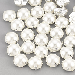 Argent Boutons en plastique imitation perle abs, avec les accessoires en laiton, demi-tour, blanc crème, couleur argent plaqué, 5x5x3mm, Trou: 0.8mm