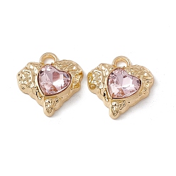 Pink Alloy Pendants, with Glass, Golden, Heart Charm, Pink, 18x17x5.5mm, Hole: 2.5mm