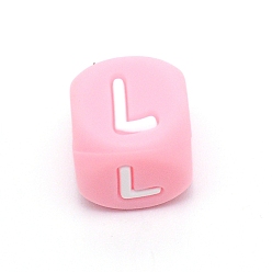 Letter L Силиконовые бусины с алфавитом для изготовления браслетов или ожерелий, стиль письма, розовый куб, letter.l, 12x12x12 мм, отверстие : 3 мм